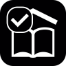 书, 打开, 与, 批准, 标志, , , , , 圆形, 广场 图标
